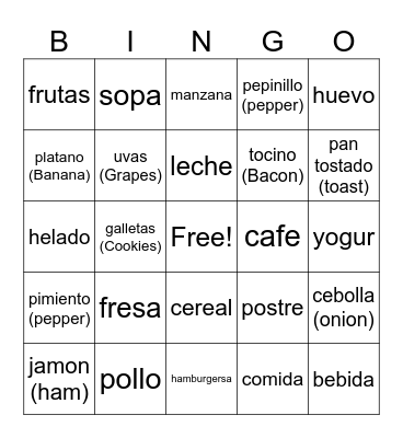 Food in spanish Bingo Card