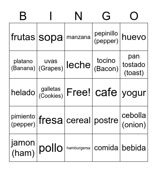 Food in spanish Bingo Card