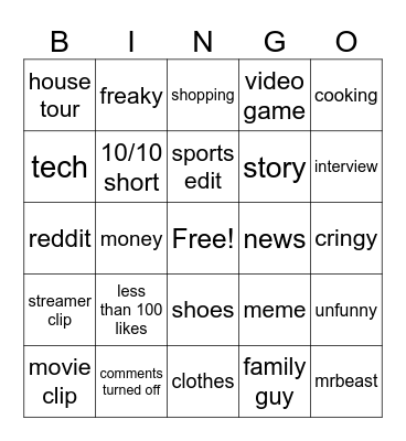 YouTube shorts bingo Card