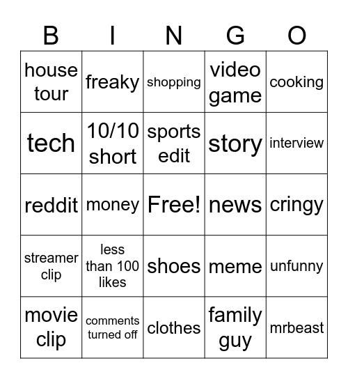 YouTube shorts bingo Card