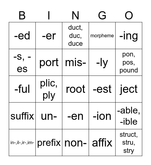 Morpheme Bingo Card