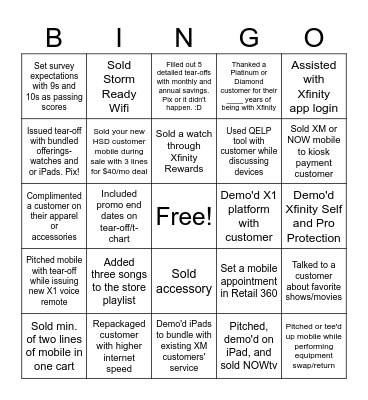 Xfinity Bingo Card