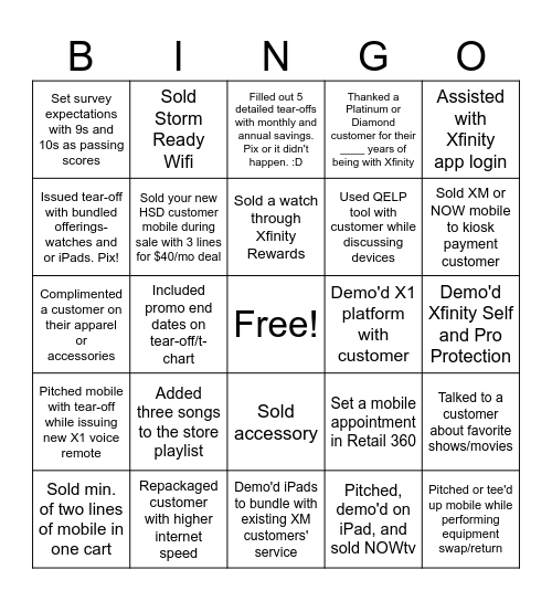 Xfinity Bingo Card