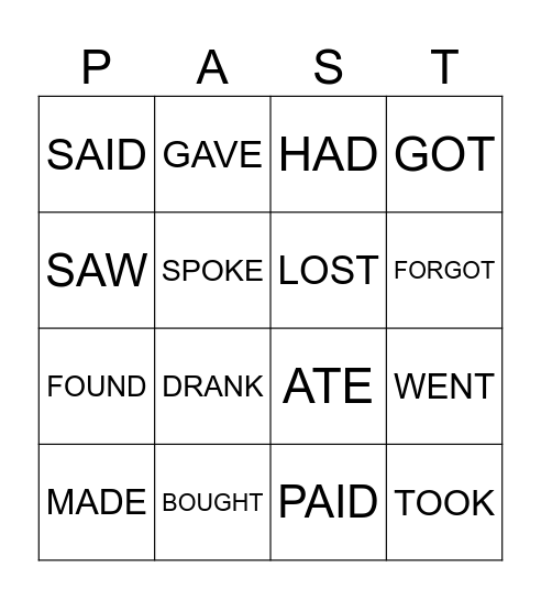IRREGULAR PAST SIMPLE Bingo Card