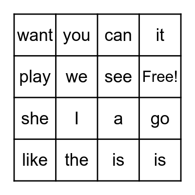 Sight Words Bingo Card