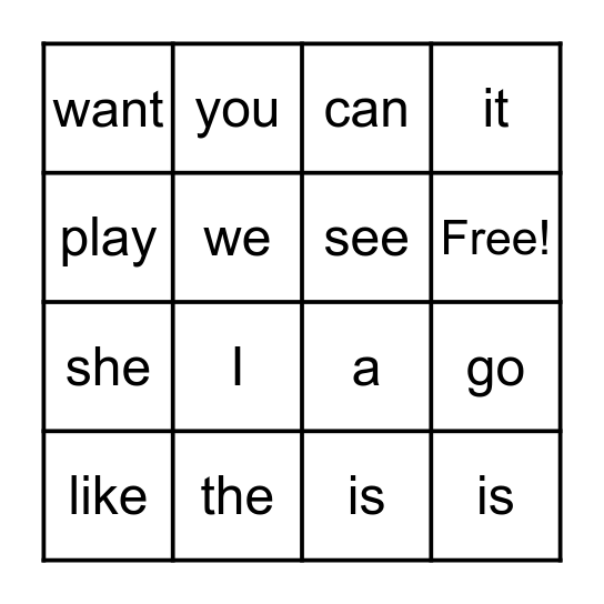 Sight Words Bingo Card