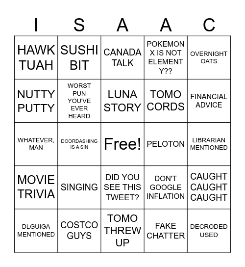 NL'S BINGO Card