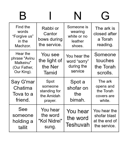 Yom Kippur Service Seek & Find Bingo Card