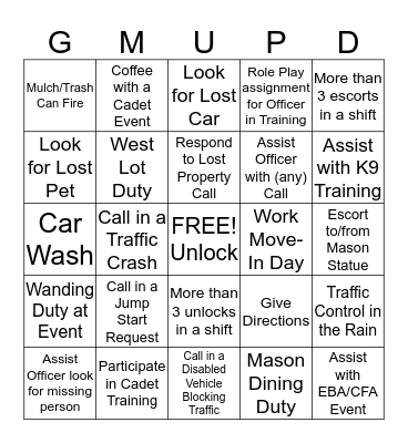 Cadet Bingo Card