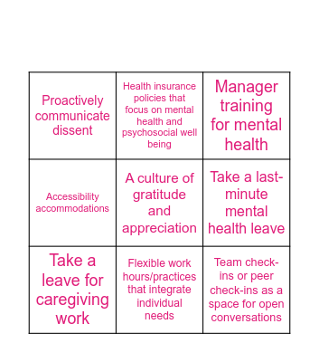 Mental Health Bingo Card