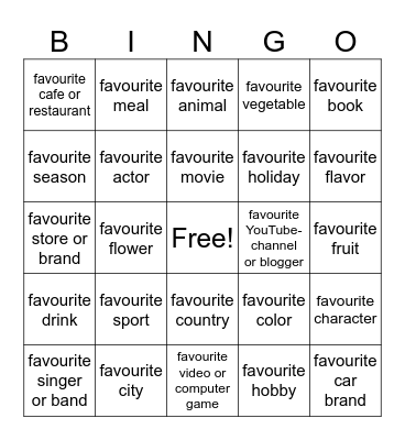 What's your favourite...? Bingo Card