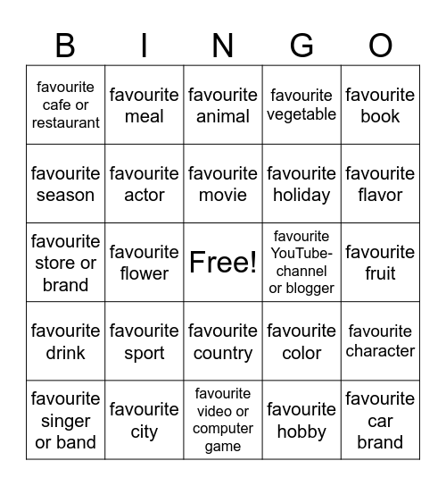 What's your favourite...? Bingo Card