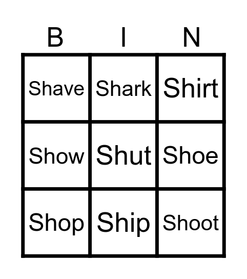 SH Words Bingo Card