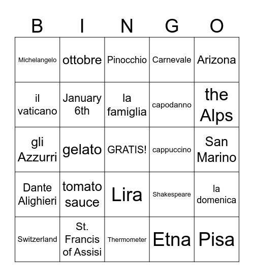 Italian-American Heritage BINGO Card