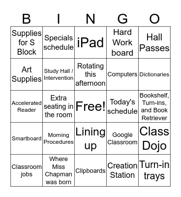 Miss Chapman's Class Bingo Card