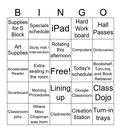 Miss Chapman's Class Bingo Card