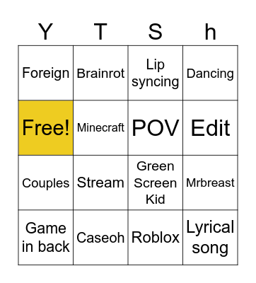 YT Shorts Bingo Card