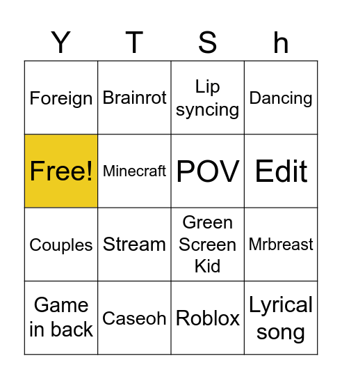 YT Shorts Bingo Card