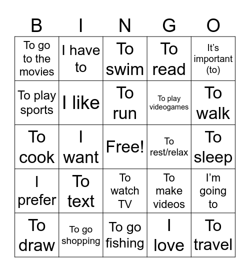 Activity Verbs + Helping Verbs Bingo Card