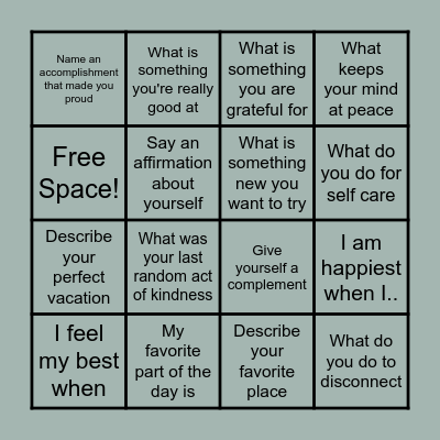Mindfulness Bingo Card