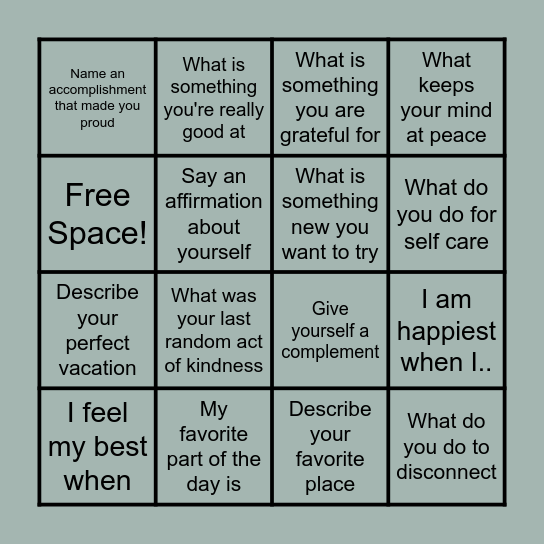 Mindfulness Bingo Card