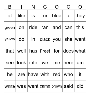 Kindergarten Sight Words Bingo Card