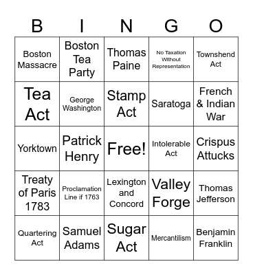 American Revolution Bingo Card