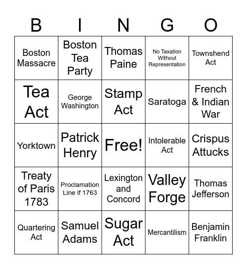 American Revolution Bingo Card