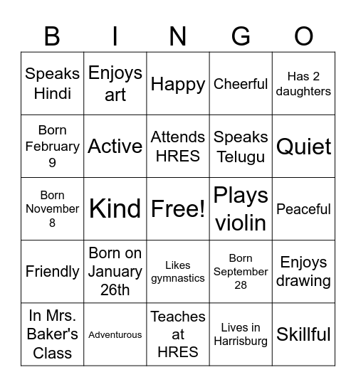 Mrs. Baker's Class Bingo Card