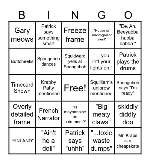 Spongebob Bingo Card