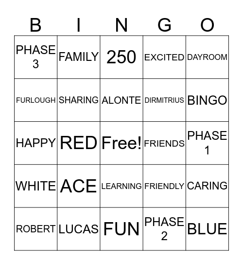 Dayroom 250 Bingo Card