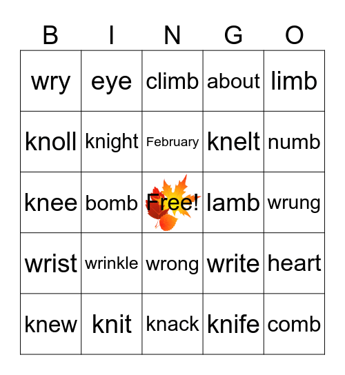 silent letters kn, wr, mb Bingo Card