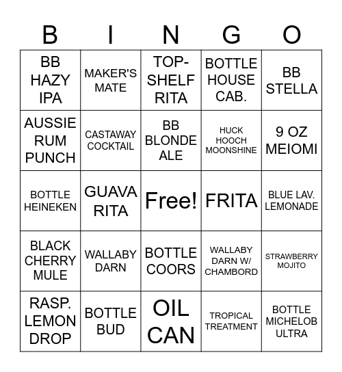 OUTBACK DRINKS Bingo Card