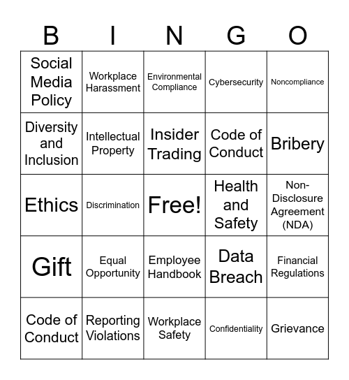 Compliance Bingo Game Bingo Card