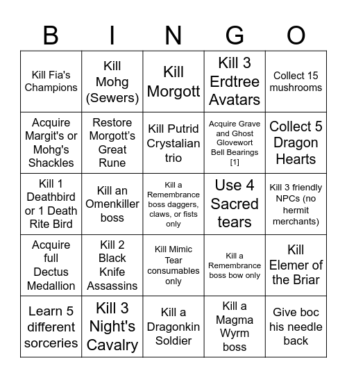 elden ring Bingo Card