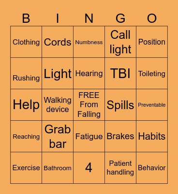 Fall Prevention Bingo Card