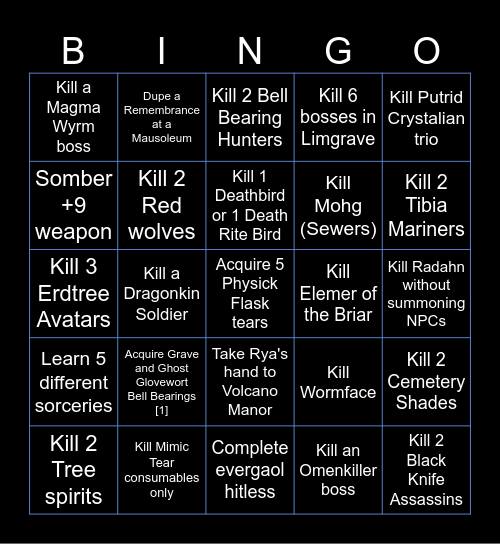 elden ring Bingo Card