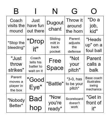 Travel Baseball Bingo Card