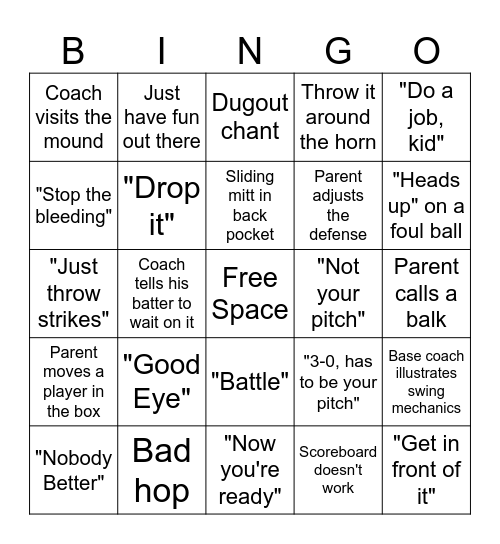 Travel Baseball Bingo Card