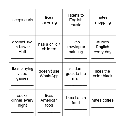 Likes and Dislikes Bingo Card