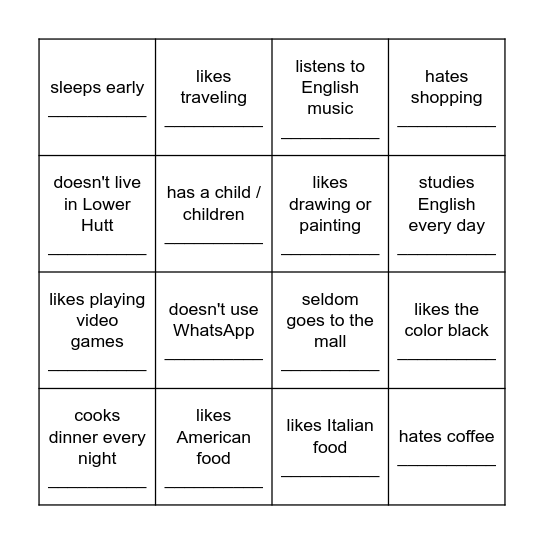 Likes and Dislikes Bingo Card