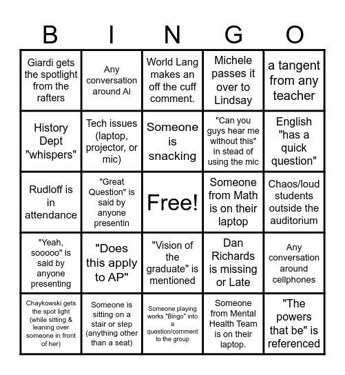 Faculty Meeting Bingo Card