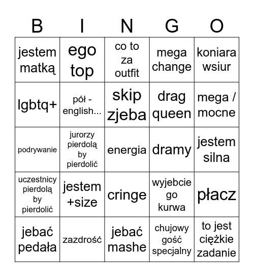 Top model Bingo Card