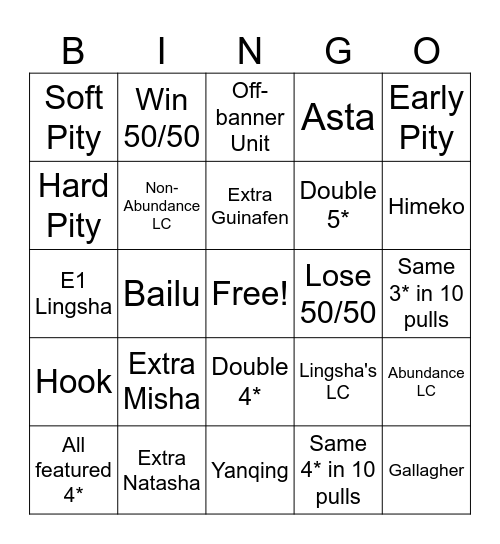 Lingsha Bingo Card