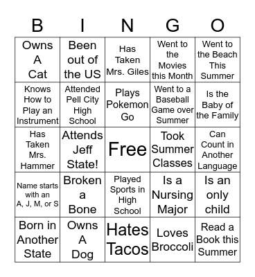 Getting to Know You!  Bingo Card