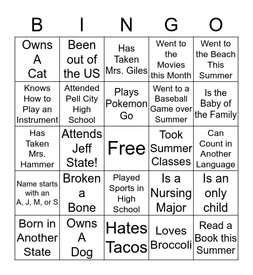 Getting to Know You!  Bingo Card