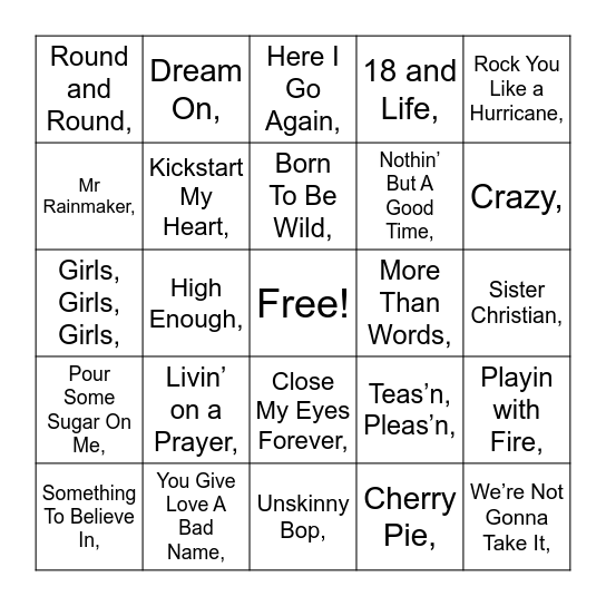 Hair Bands Bingo Card