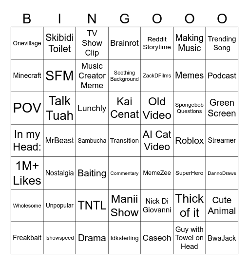 Random YT Shorts Bingo Card