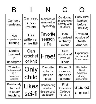 Get to Know You Bingo Card
