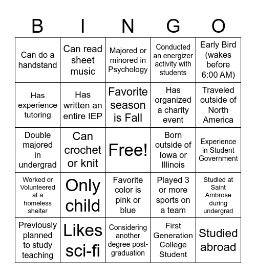 Get to Know You Bingo Card